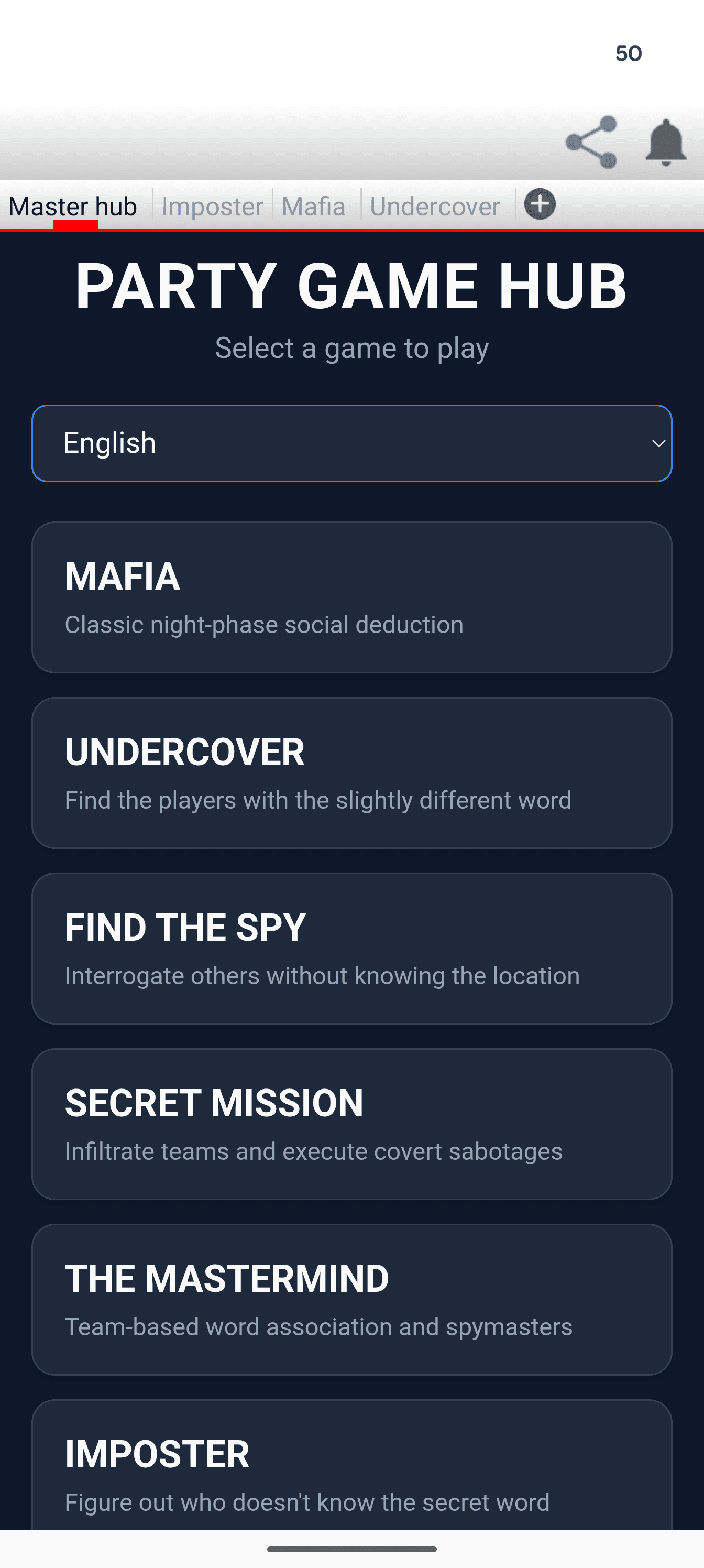 Party hub mafai and spy games in use