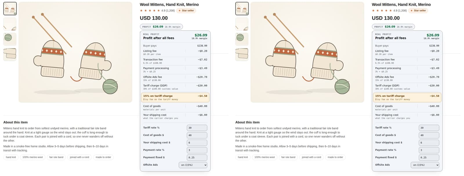 Etsy Fee & Tariff Calculator in use