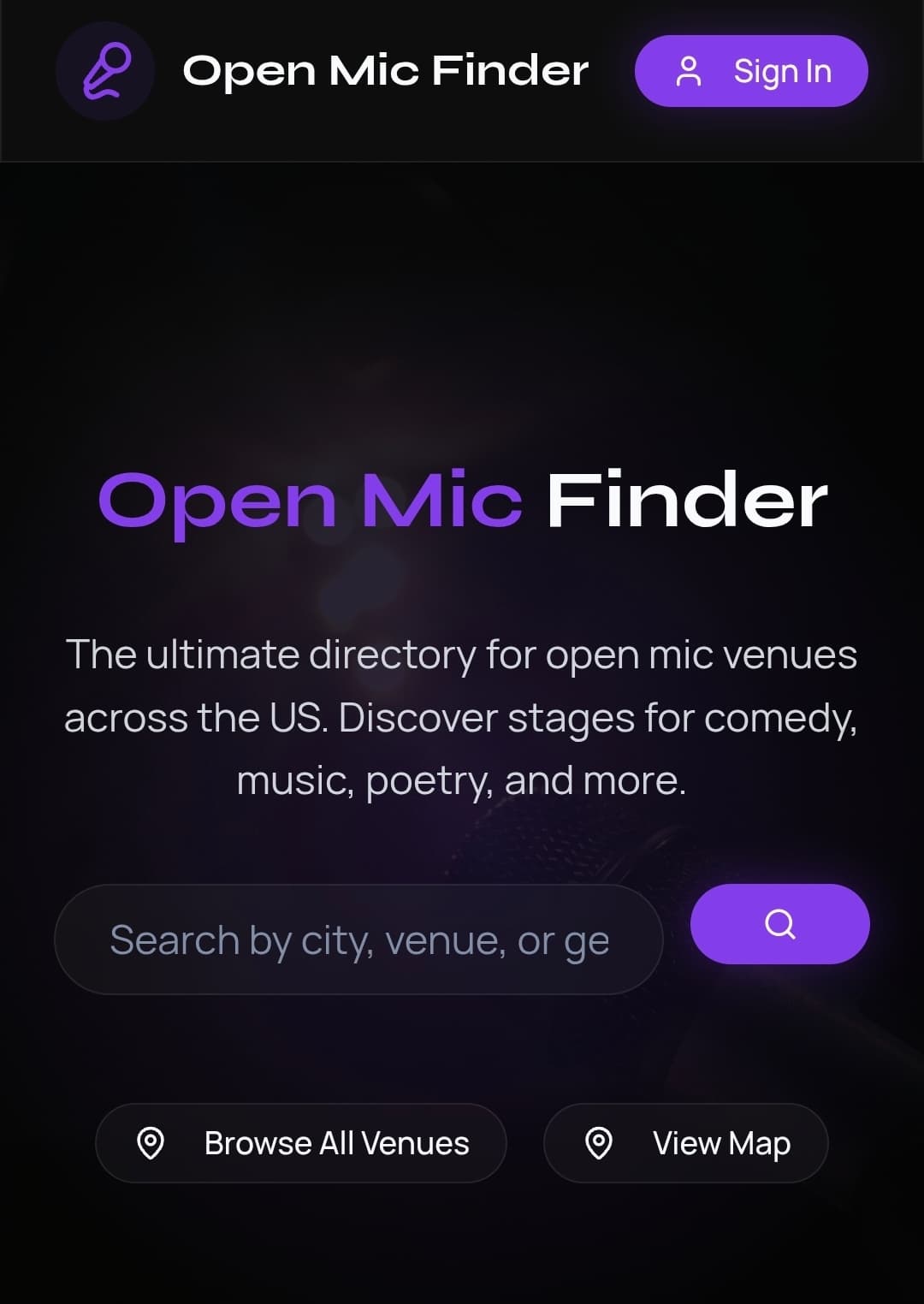 Open Mic Finder in use